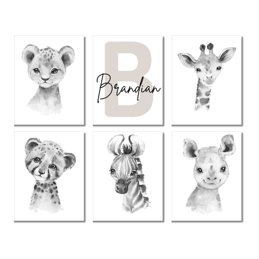 Brandian 6 Pcs Custom Name, Aesthetic Posters, Jungle Animals Poster, Elephant, Giraffe, Lion, Nursery Kids Bedroom, Wildlife Wonderland, Boho Wall Decor, Unframed, A4 Size, Grey