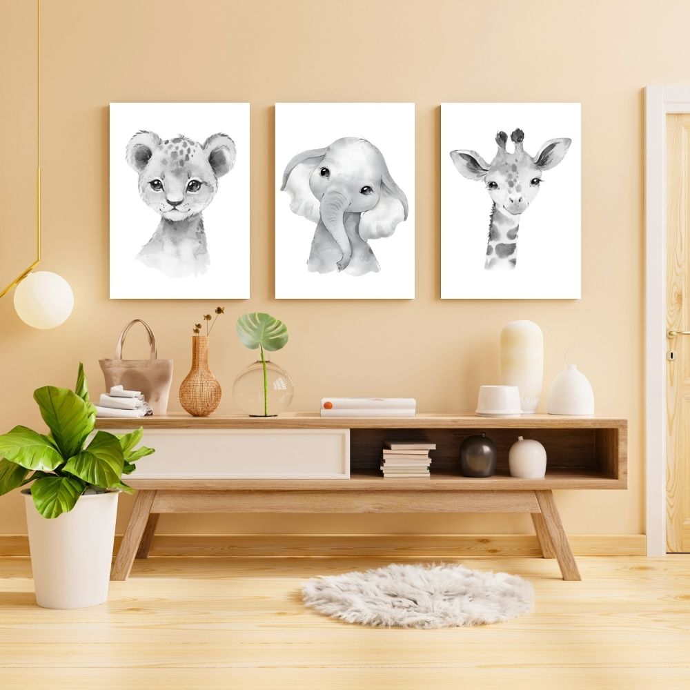 Brandian 6 Pcs Aesthetic Posters, Jungle Animals Poster, Elephant, Giraffe, Lion, Nursery Kids Bedroom, Wildlife Wonderland, Boho Wall Decor, Unframed, A4 Size, Grey