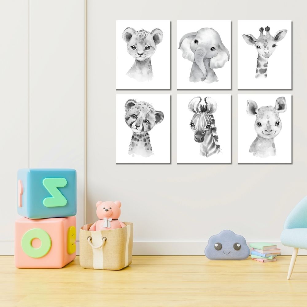 Brandian 6 Pcs Aesthetic Posters, Jungle Animals Poster, Elephant, Giraffe, Lion, Nursery Kids Bedroom, Wildlife Wonderland, Boho Wall Decor, Unframed, A4 Size, Grey