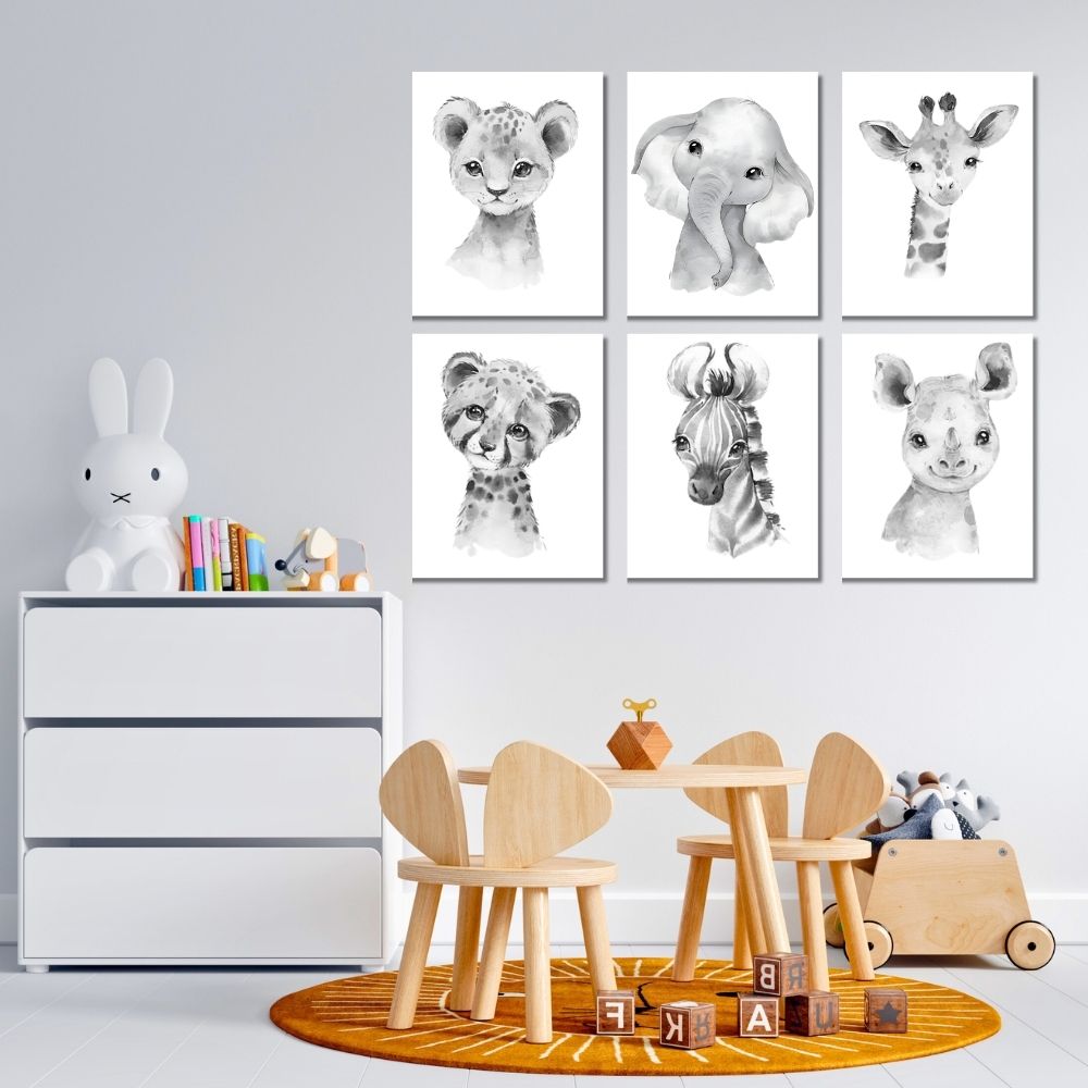 Brandian 6 Pcs Aesthetic Posters, Jungle Animals Poster, Elephant, Giraffe, Lion, Nursery Kids Bedroom, Wildlife Wonderland, Boho Wall Decor, Unframed, A4 Size, Grey