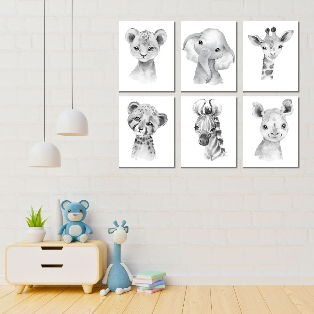 Brandian 6 Pcs Aesthetic Posters, Jungle Animals Poster, Elephant, Giraffe, Lion, Nursery Kids Bedroom, Wildlife Wonderland, Boho Wall Decor, Unframed, A4 Size, Grey