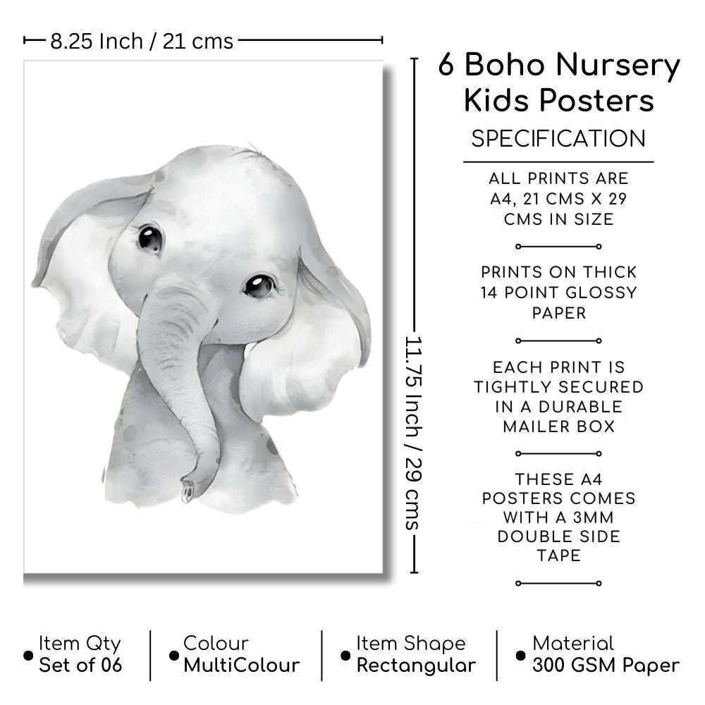 Brandian 6 Pcs Aesthetic Posters, Jungle Animals Poster, Elephant, Giraffe, Lion, Nursery Kids Bedroom, Wildlife Wonderland, Boho Wall Decor, Unframed, A4 Size, Grey