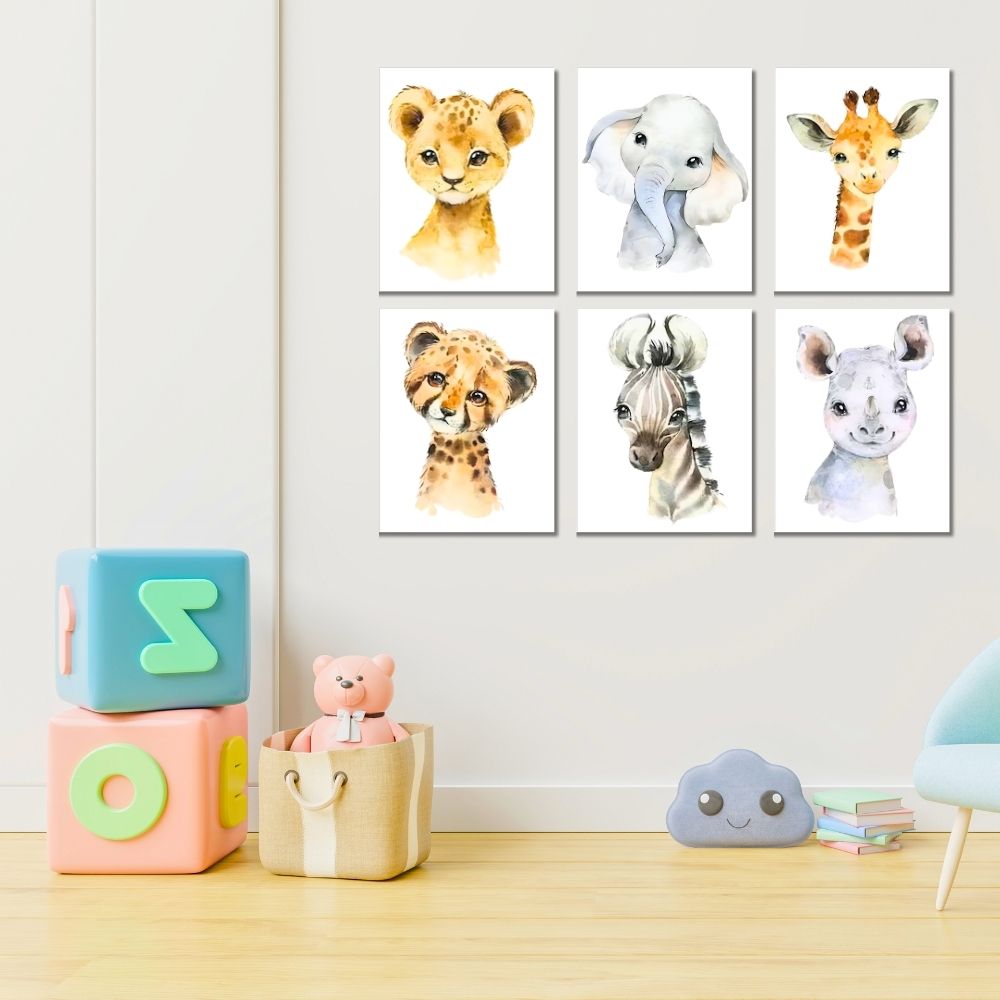 Brandian 6 Pcs Aesthetic Posters, Jungle Animals Poster, Elephant, Giraffe, Lion, Nursery Kids Bedroom, Wildlife Wonderland, Boho Wall Decor, Unframed, A4 Size, Colored