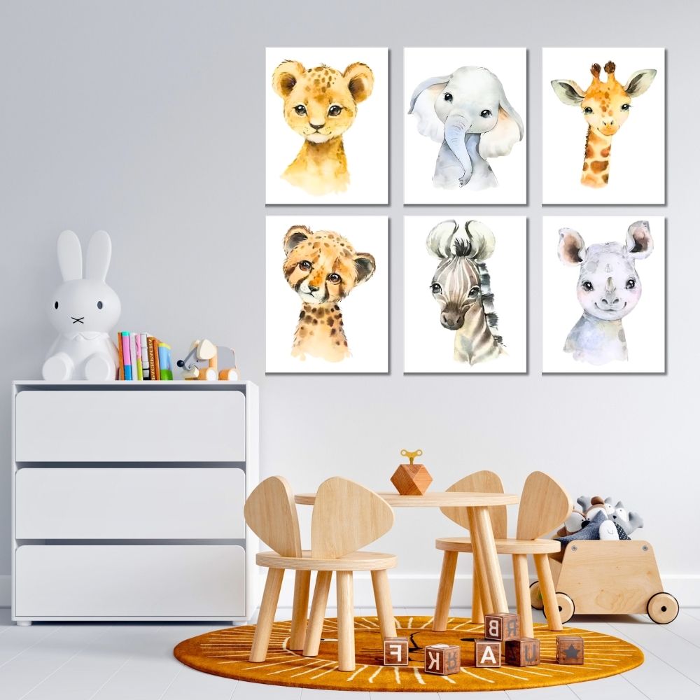 Brandian 6 Pcs Aesthetic Posters, Jungle Animals Poster, Elephant, Giraffe, Lion, Nursery Kids Bedroom, Wildlife Wonderland, Boho Wall Decor, Unframed, A4 Size, Colored