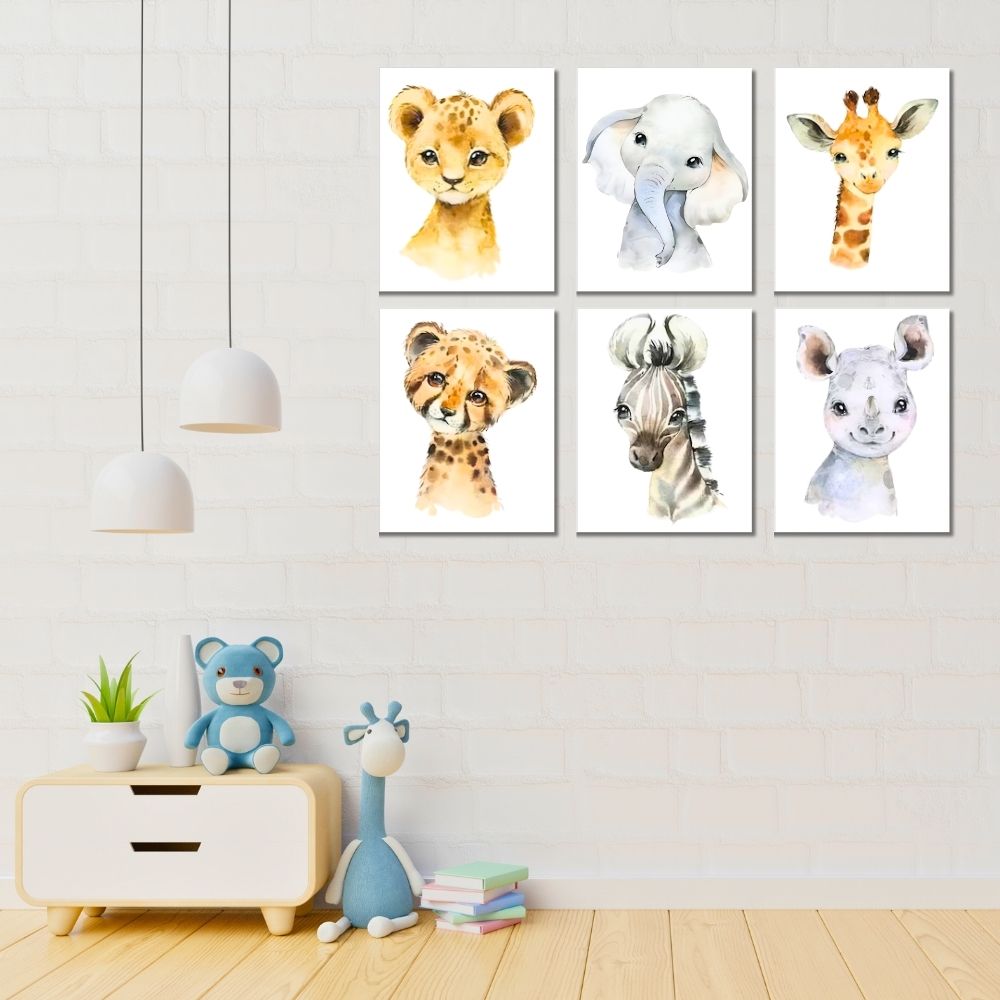 Brandian 6 Pcs Aesthetic Posters, Jungle Animals Poster, Elephant, Giraffe, Lion, Nursery Kids Bedroom, Wildlife Wonderland, Boho Wall Decor, Unframed, A4 Size, Colored
