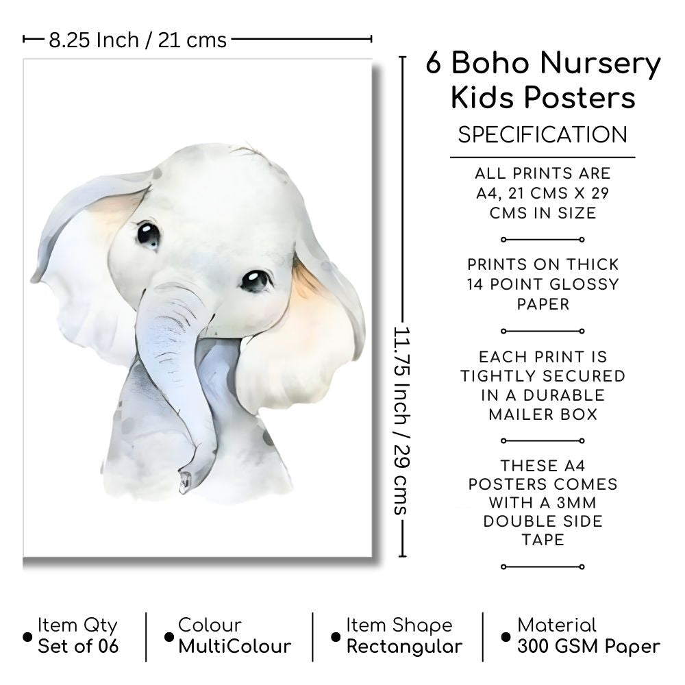 Brandian 6 Pcs Aesthetic Posters, Jungle Animals Poster, Elephant, Giraffe, Lion, Nursery Kids Bedroom, Wildlife Wonderland, Boho Wall Decor, Unframed, A4 Size, Colored