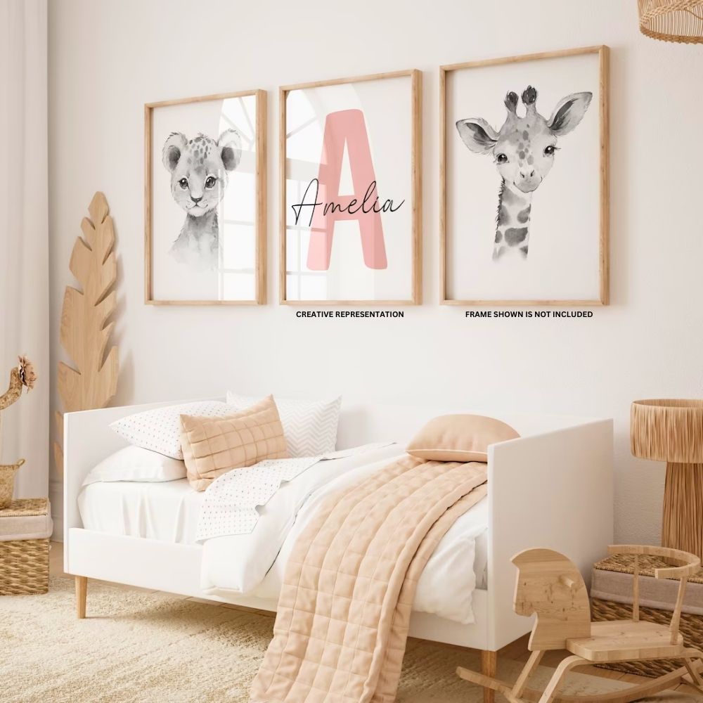 Brandian 6 Pcs Custom Name, Aesthetic Posters, Jungle Animals Poster, Elephant, Giraffe, Lion, Nursery Kids Bedroom, Wildlife Wonderland, Boho Wall Decor, Unframed, A4 Size, Grey