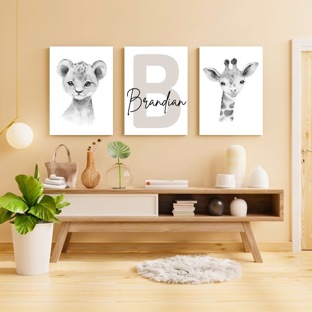 Brandian 6 Pcs Custom Name, Aesthetic Posters, Jungle Animals Poster, Elephant, Giraffe, Lion, Nursery Kids Bedroom, Wildlife Wonderland, Boho Wall Decor, Unframed, A4 Size, Grey