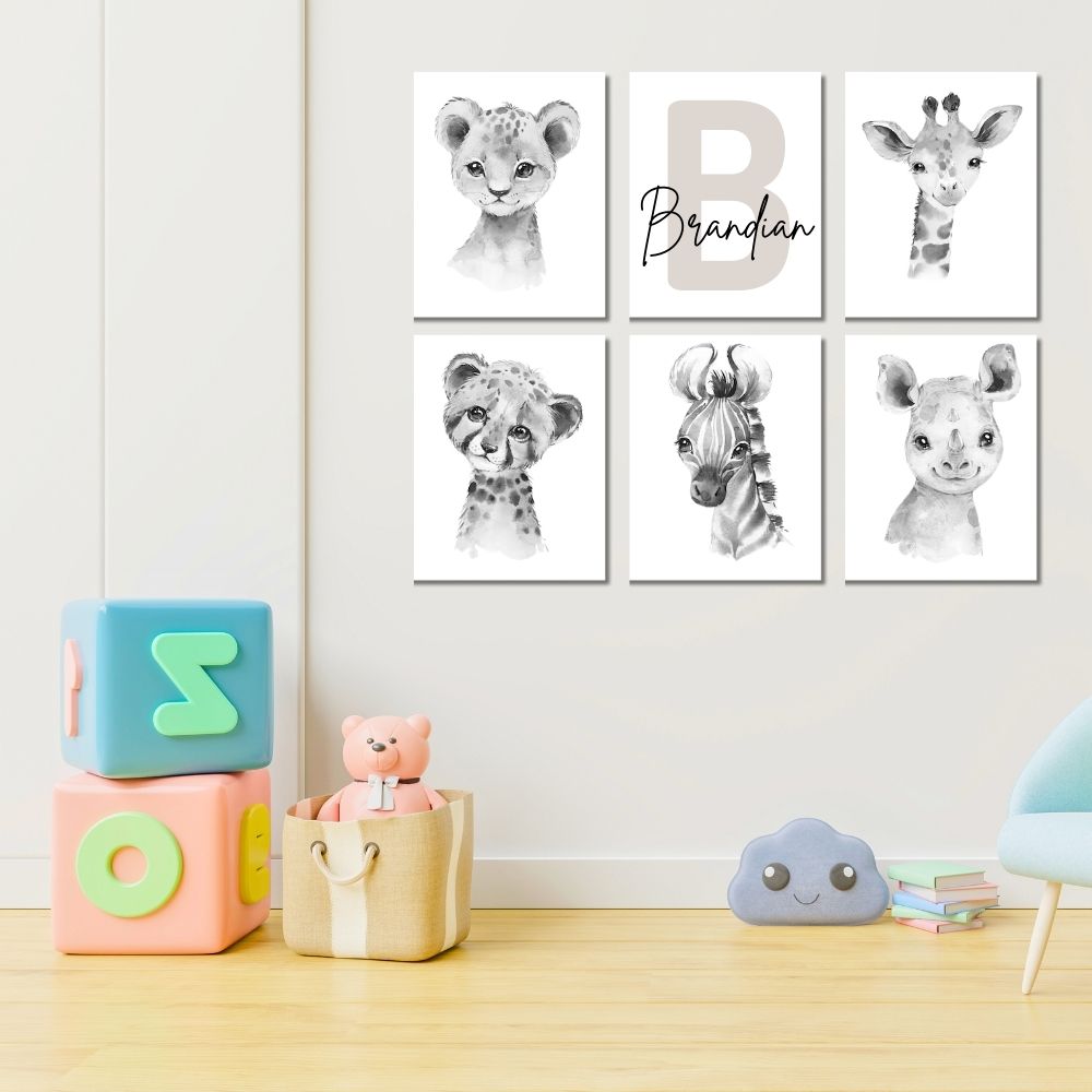 Brandian 6 Pcs Custom Name, Aesthetic Posters, Jungle Animals Poster, Elephant, Giraffe, Lion, Nursery Kids Bedroom, Wildlife Wonderland, Boho Wall Decor, Unframed, A4 Size, Grey
