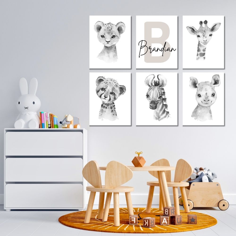 Brandian 6 Pcs Custom Name, Aesthetic Posters, Jungle Animals Poster, Elephant, Giraffe, Lion, Nursery Kids Bedroom, Wildlife Wonderland, Boho Wall Decor, Unframed, A4 Size, Grey
