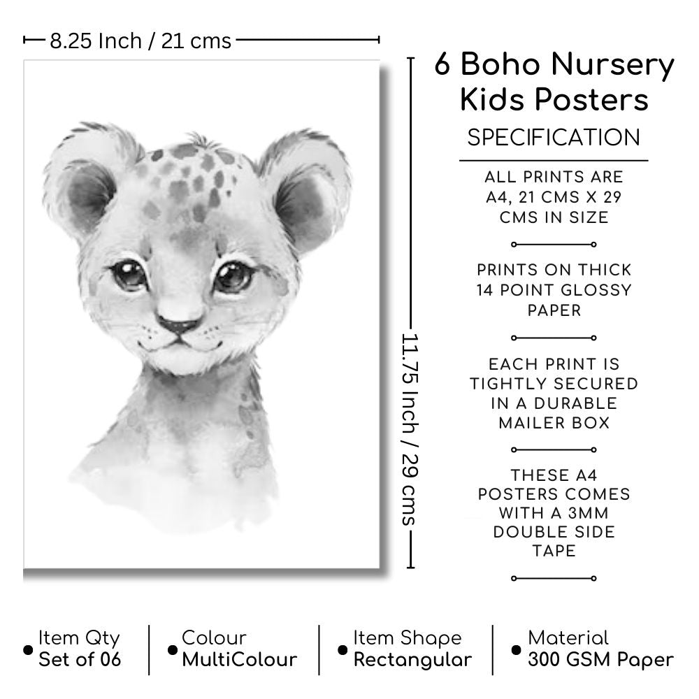 Brandian 6 Pcs Custom Name, Aesthetic Posters, Jungle Animals Poster, Elephant, Giraffe, Lion, Nursery Kids Bedroom, Wildlife Wonderland, Boho Wall Decor, Unframed, A4 Size, Grey