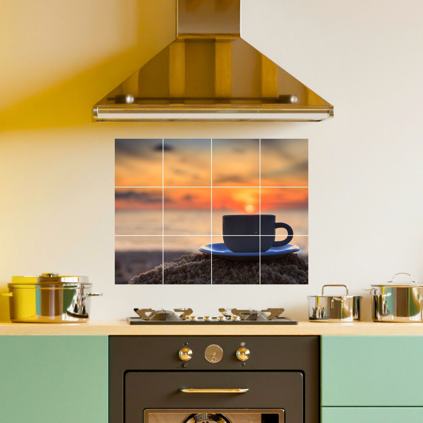 Brandian Wall Stickers for Kitchen - Tiles Stickers for Wall - Kitchen Tiles Stickers Oil Proof - Backsplash Tile Stickers for Kitchen Wallpaper Oil Proof Waterproof - Sunset Coffee Cup Themed