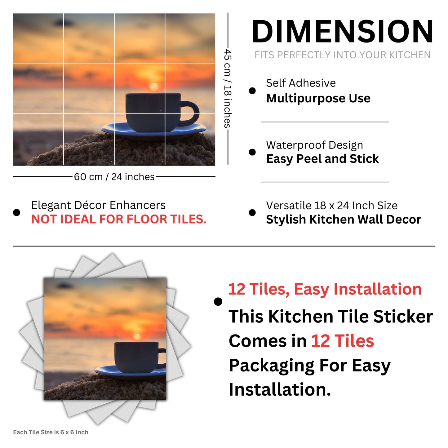 Brandian Wall Stickers for Kitchen - Tiles Stickers for Wall - Kitchen Tiles Stickers Oil Proof - Backsplash Tile Stickers for Kitchen Wallpaper Oil Proof Waterproof - Sunset Coffee Cup Themed