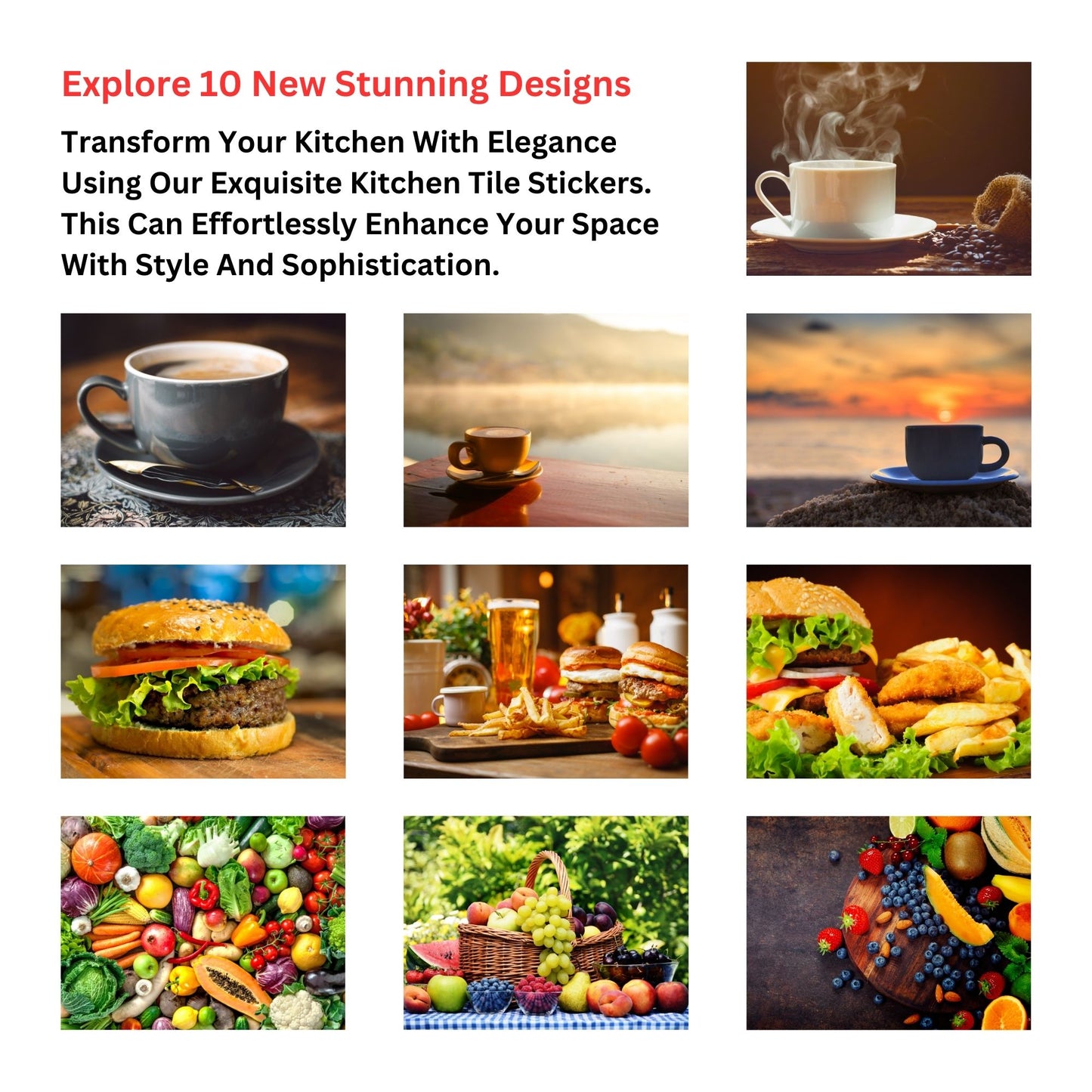 Brandian Wall Stickers for Kitchen - Tiles Stickers for Wall - Kitchen Tiles Stickers Oil Proof - Backsplash Tile Stickers for Kitchen Wallpaper Oil Proof Waterproof - Sunset Coffee Cup Themed