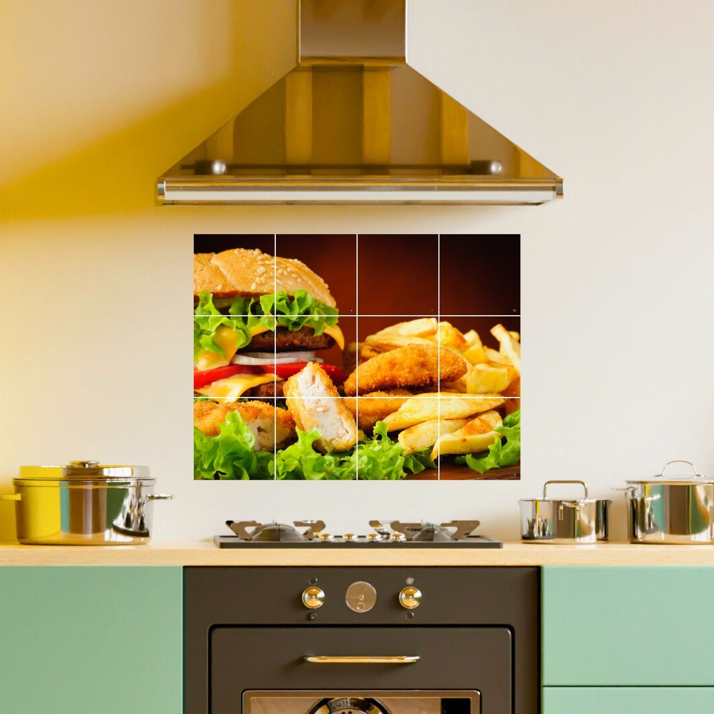 Brandian Wall Stickers for Kitchen - Tiles Stickers for Wall - Kitchen Tiles Stickers Oil Proof - Backsplash Tile Stickers for Kitchen Wallpaper Oil Proof Waterproof - Burger French Fries Themed