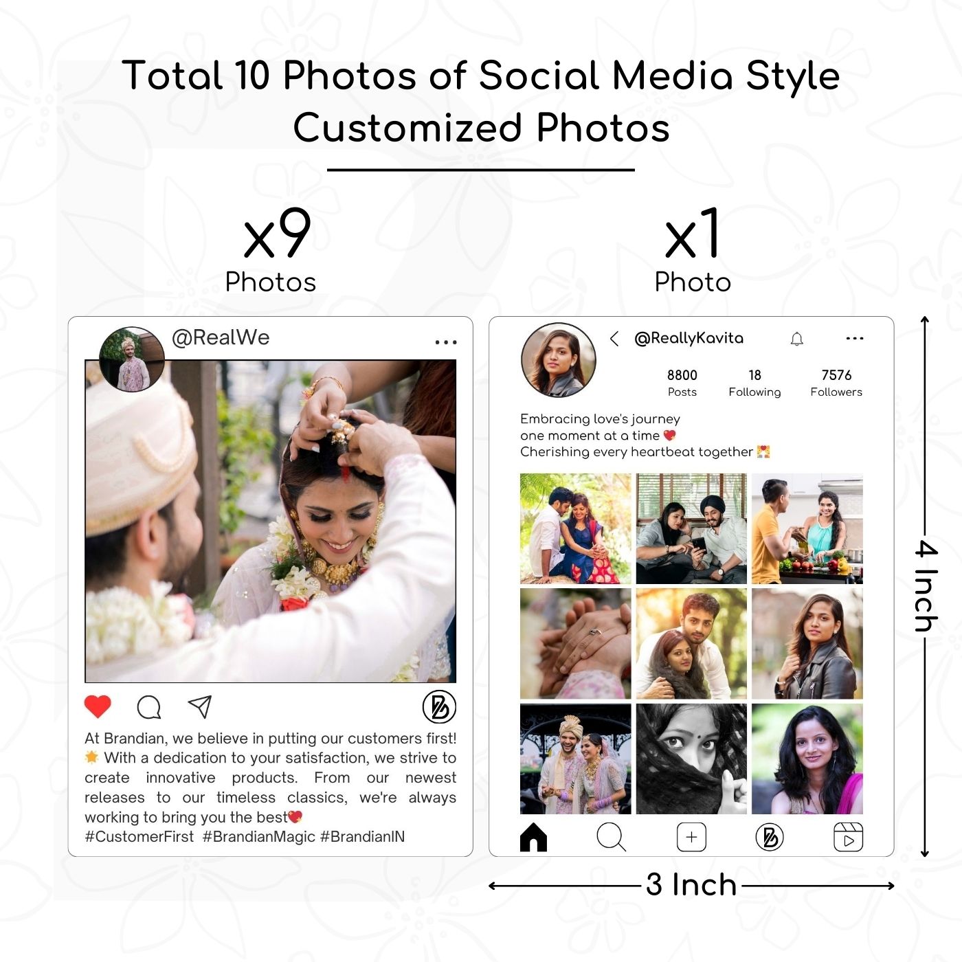 Brandian Customized Social Media Style Mini Photo Print Personalized Gifts with Your Photos Add Emojis and Text Gift Multicolour 4 X 3 Inches, White
