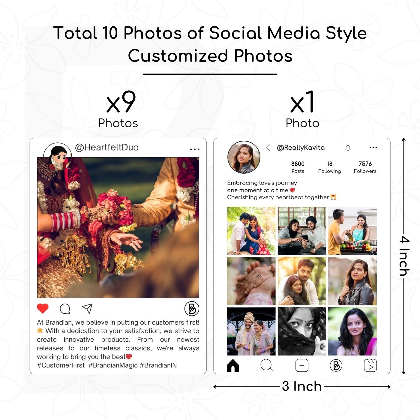 Brandian Customized Social Media Style Mini Photo Prints Personalized Digital Snapshot Collage Size 4 X 3 Inches, White