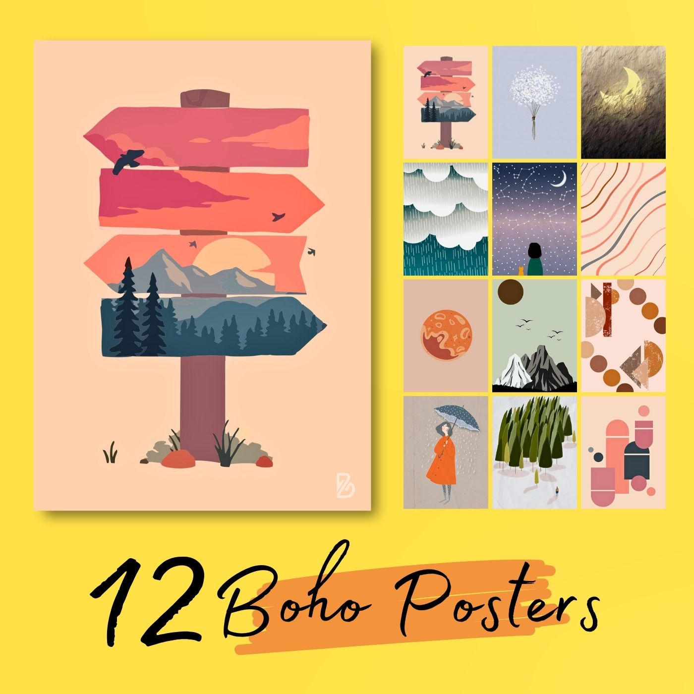 Brandian 12 Pcs Aesthetic Boho Posters For Room Decoration And Wall Art For Living Room Unframed Multicolour A4 Size Wall Posters Aesthetic (29 cms X 21 cms) - PT3