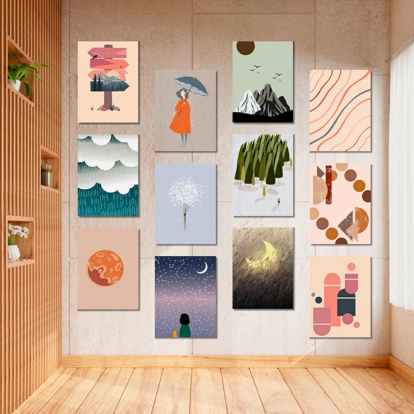 Brandian 12 Pcs Aesthetic Boho Posters For Room Decoration And Wall Art For Living Room Unframed Multicolour A4 Size Wall Posters Aesthetic (29 cms X 21 cms) - PT3