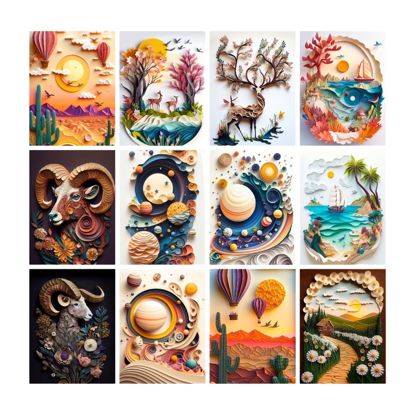 Brandian 12 Pcs Paper Quilling Posters For Room Decoration And Wall Art For Living Room Unframed Multicolour A4 Size Wall Posters Aesthetic (29 cms X 21 cms)