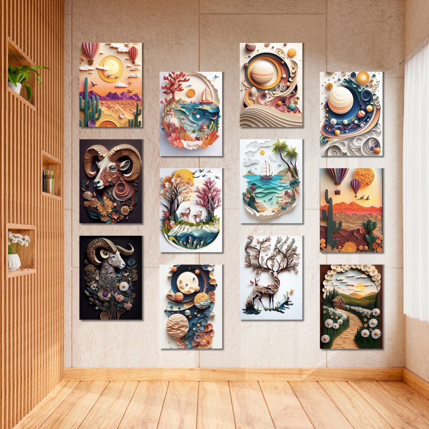Brandian 12 Pcs Paper Quilling Posters For Room Decoration And Wall Art For Living Room Unframed Multicolour A4 Size Wall Posters Aesthetic (29 cms X 21 cms)