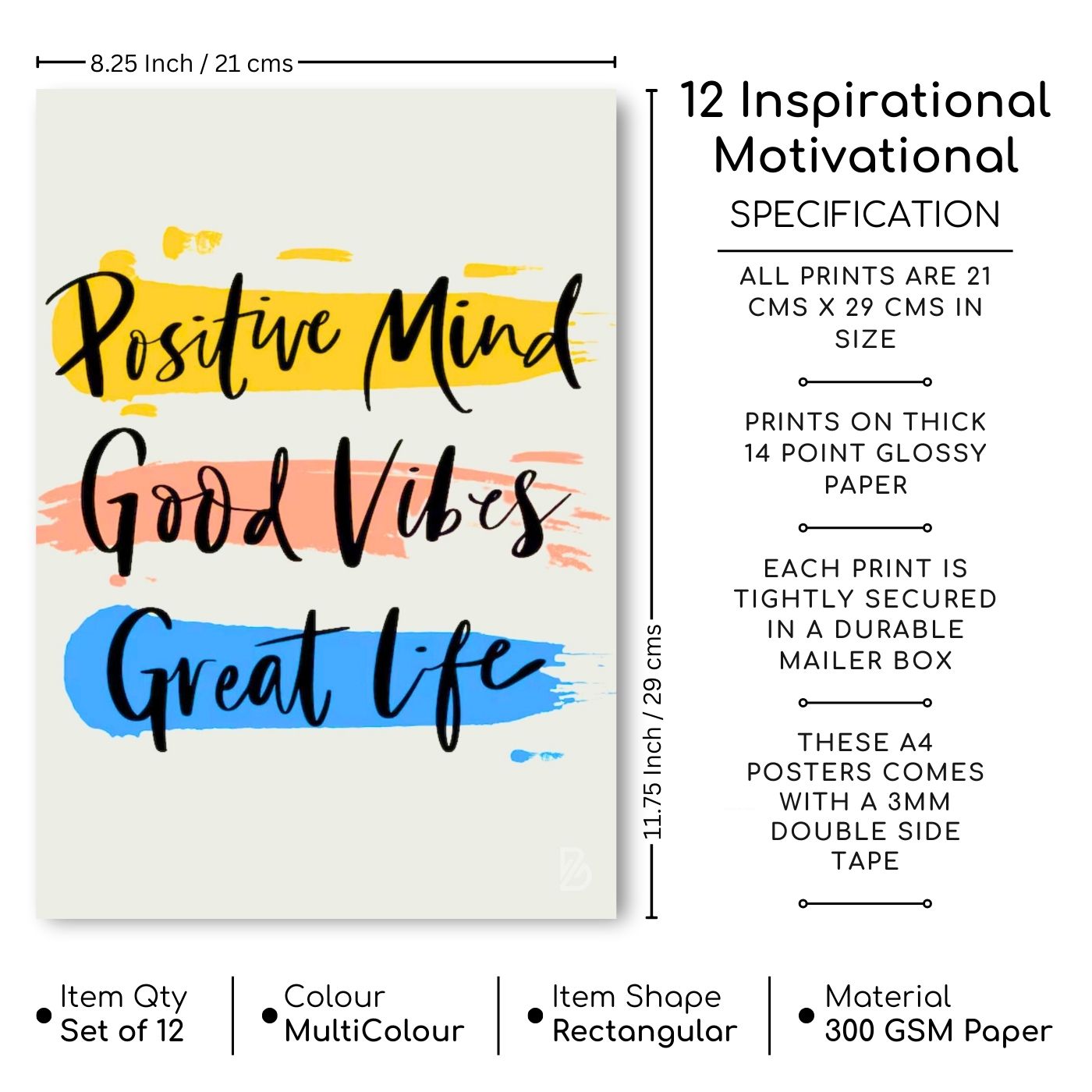 Brandian 12 Pcs Inspirational Motivational Wall Posters - Motivational Quotes - Unframed Multicolour - Motivational Poster - A4 Size Posters (29 cms x 21 cms)