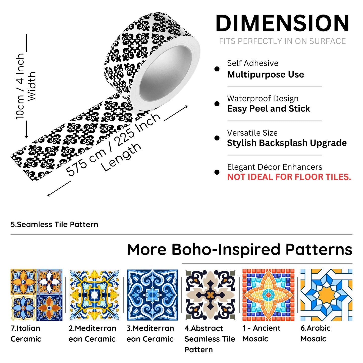 Brandian Wall Tiles Stickers Roll Waterproof Self Adhesive Border Wall Stickers for Living Room, Kitchen Backsplash Tiles Sticker, Peel N Stick Mosaic Tiles for Wall, Pattern