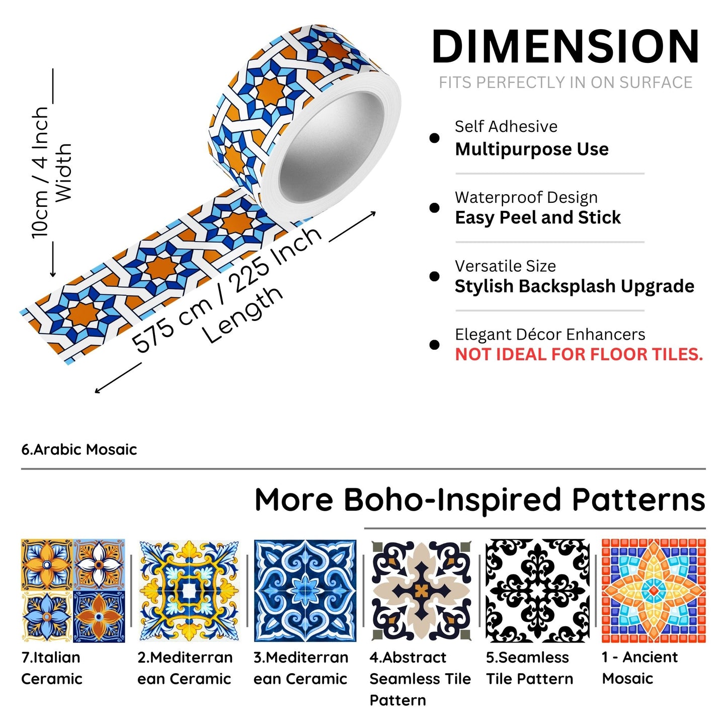 Brandian Wall Tiles Stickers Roll Waterproof Self Adhesive Border Wall Stickers for Living Room, Kitchen Backsplash Tiles Sticker, Peel N Stick Mosaic Tiles for Wall, Arabic Mosaic