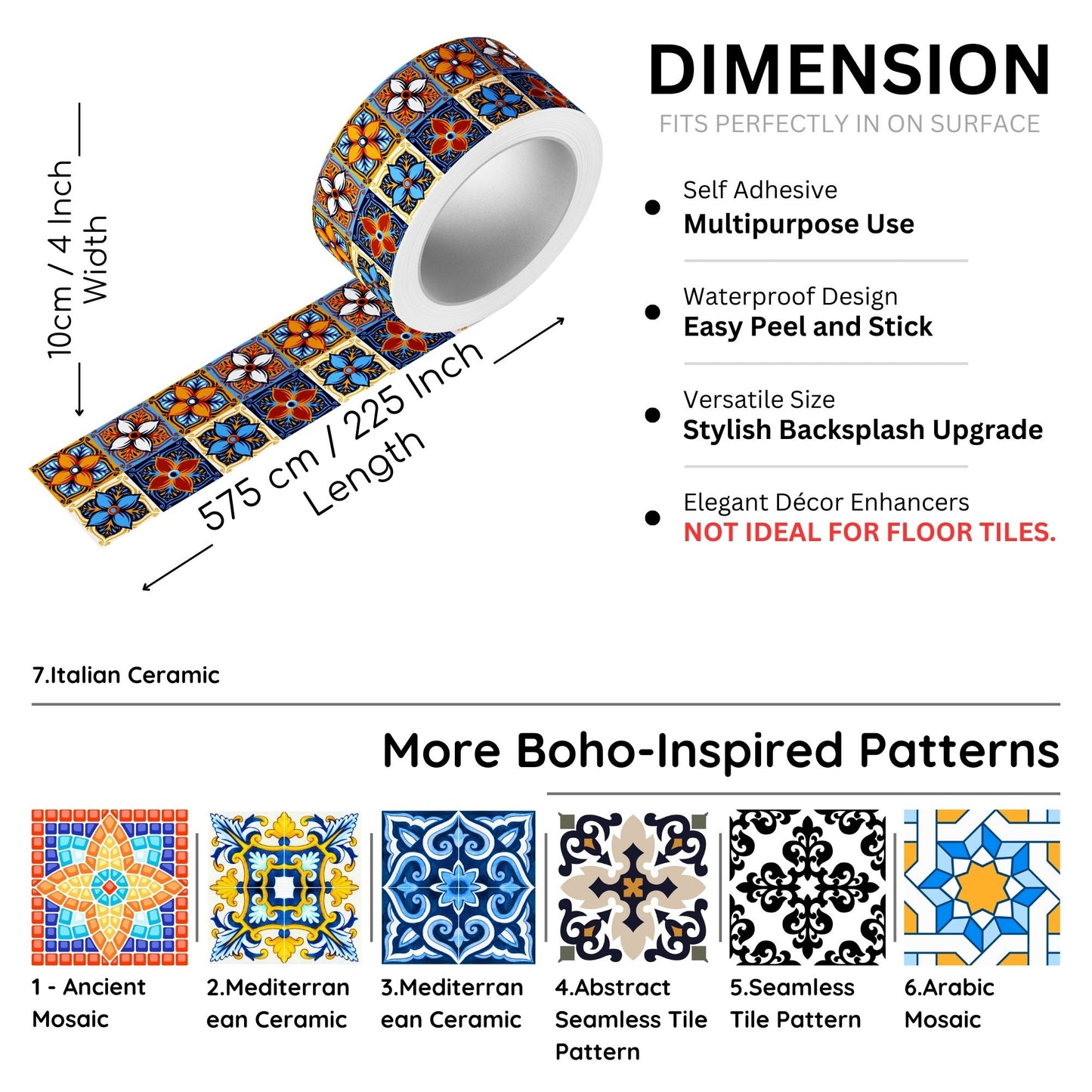 Brandian Wall Tiles Stickers Roll Waterproof Self Adhesive Border Wall Stickers for Living Room, Kitchen Backsplash Tiles Sticker, Peel N Stick Mosaic Tiles for Wall, Italian