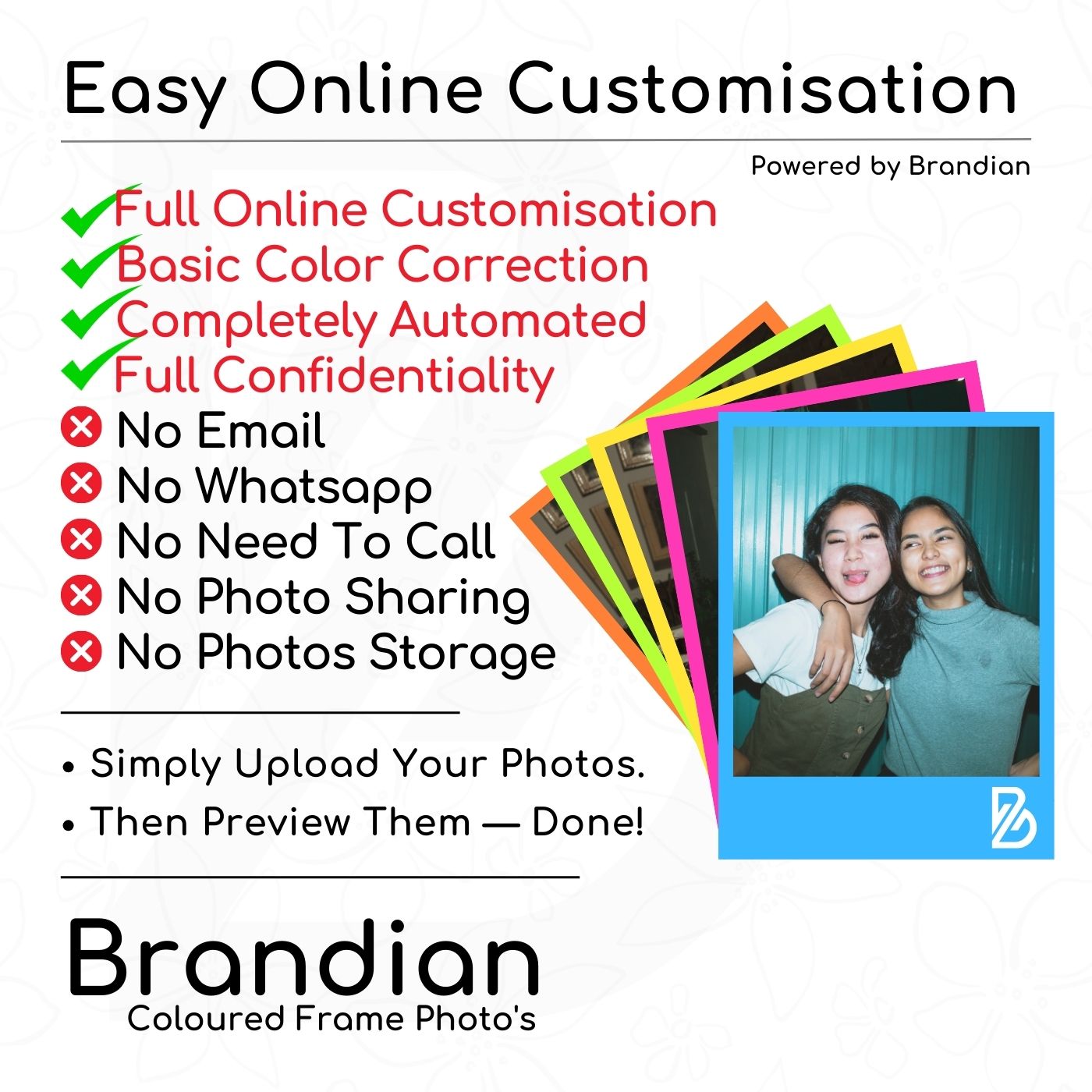 Brandian 10 Customised Coloured Frame Photo Print Customized Photo Prints Personalize Your Memories with our Custom Prints Add Text & Emoji Gift Multicolour 4 X 3 Inches, (Pack of 10)