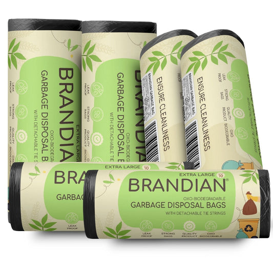 Brandian Biodegradable Garbage Bags Extra Large Size 32 X 42 Inches Dustbin Bags (Extra Large) Disposable Bags Black Color 6 Rolls (10 Bags/Roll) 60 Count (Pack of 6)