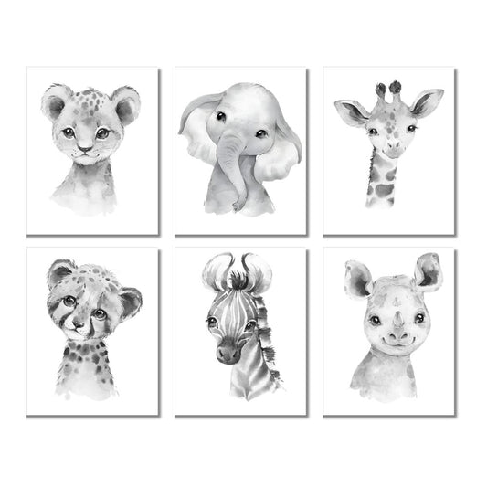 Brandian 6 Pcs Aesthetic Posters, Jungle Animals Poster, Elephant, Giraffe, Lion, Nursery Kids Bedroom, Wildlife Wonderland, Boho Wall Decor, Unframed, A4 Size, Grey