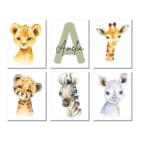 Brandian 6 Pcs Custom Name, Aesthetic Posters, Jungle Animals Poster, Elephant, Giraffe, Lion, Nursery Kids Bedroom, Wildlife Wonderland, Boho Wall Decor, Unframed, A4 Size, Colored