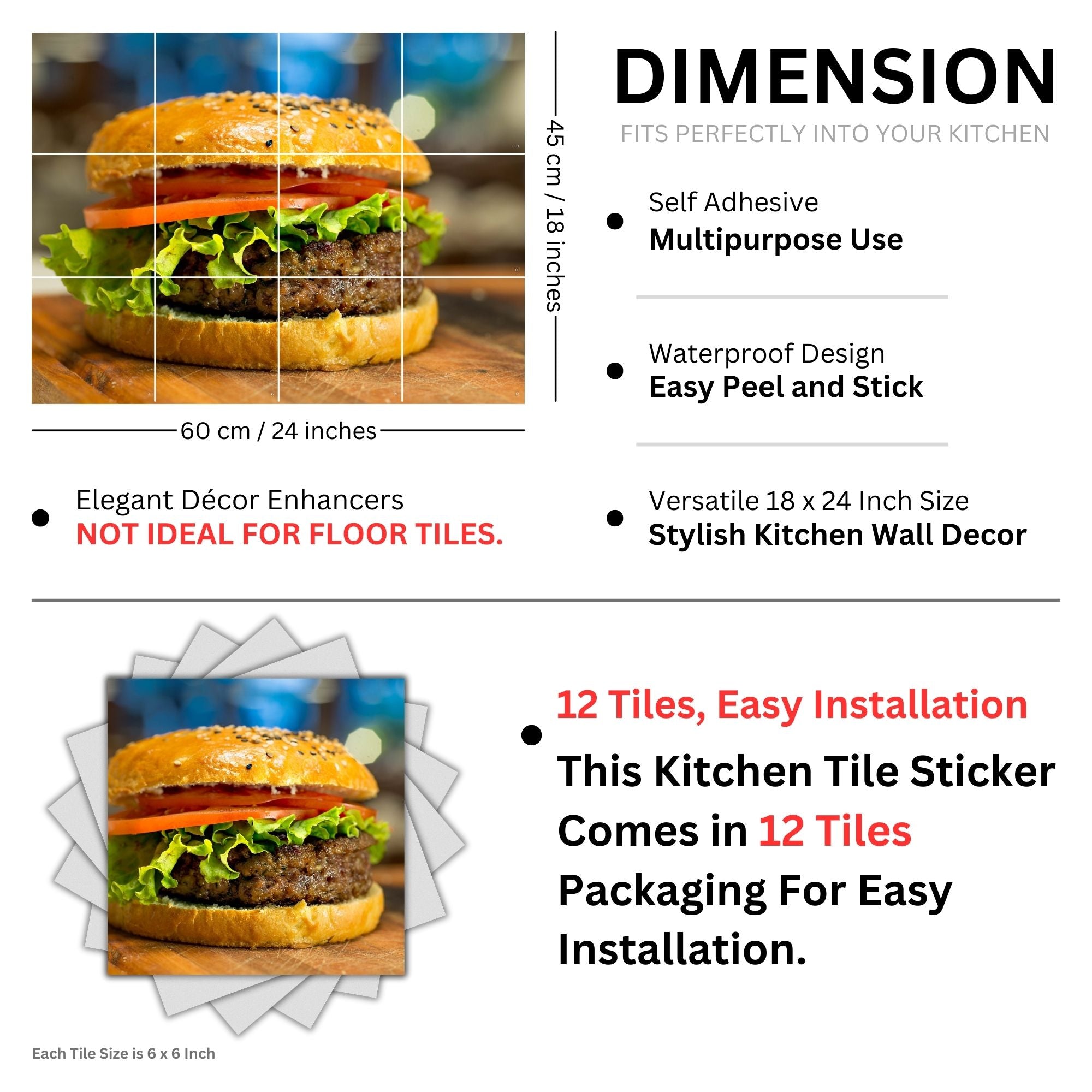 Brandian Wall Stickers for Kitchen - Tiles Stickers for Wall - Kitchen Tiles Stickers Oil Proof - Backsplash Tile Stickers for Kitchen Wallpaper Oil Proof Waterproof - Big Burger Themed