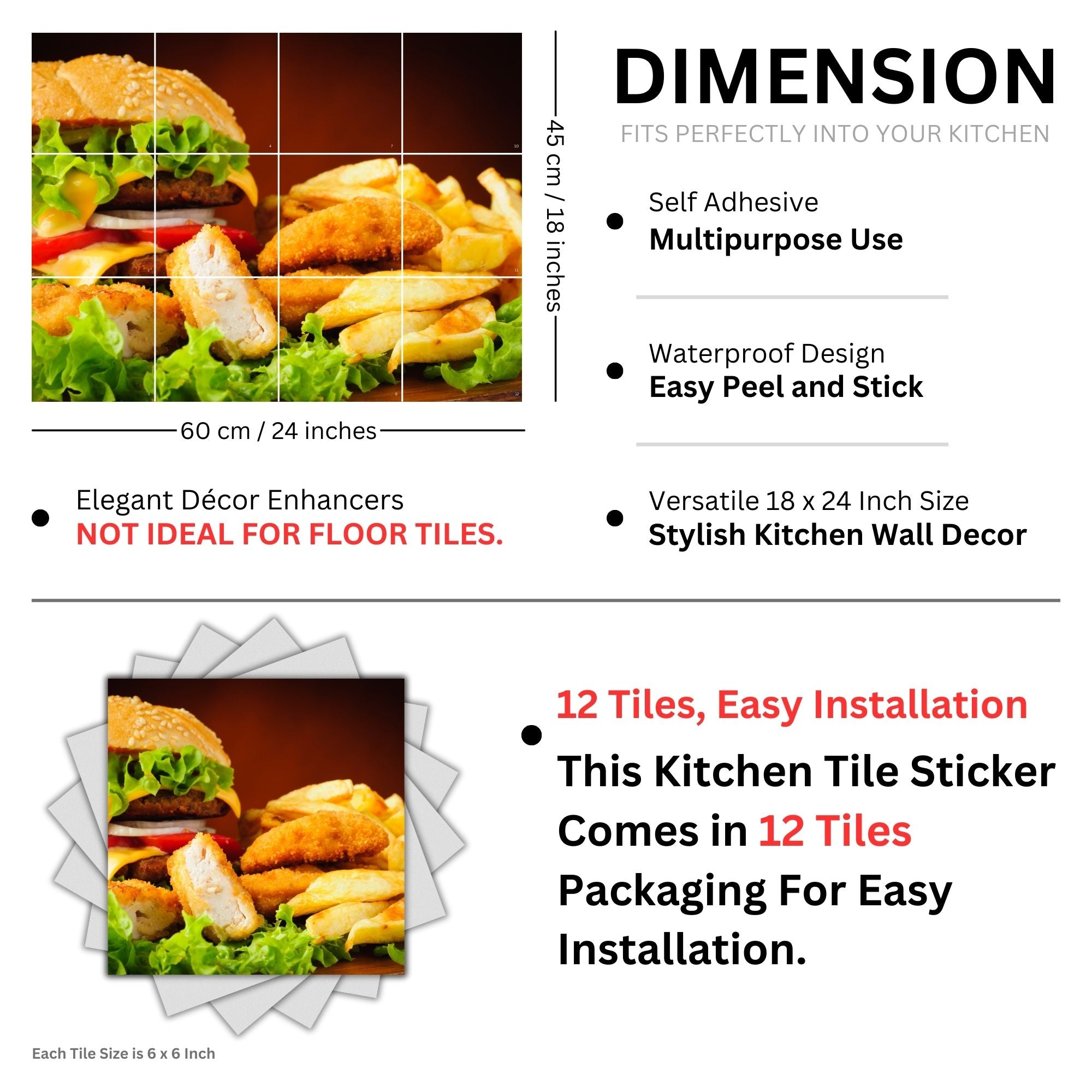 Brandian Wall Stickers for Kitchen - Tiles Stickers for Wall - Kitchen Tiles Stickers Oil Proof - Backsplash Tile Stickers for Kitchen Wallpaper Oil Proof Waterproof - Burger French Fries Themed