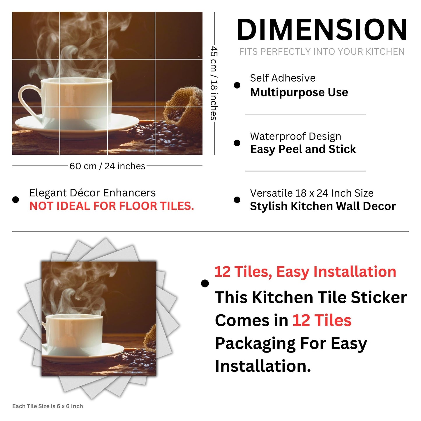 Brandian Wall Stickers for Kitchen - Tiles Stickers for Wall - Kitchen Tiles Stickers Oil Proof - Backsplash Tile Stickers for Kitchen Wallpaper Oil Proof Waterproof - Hot Coffee Cup Themed