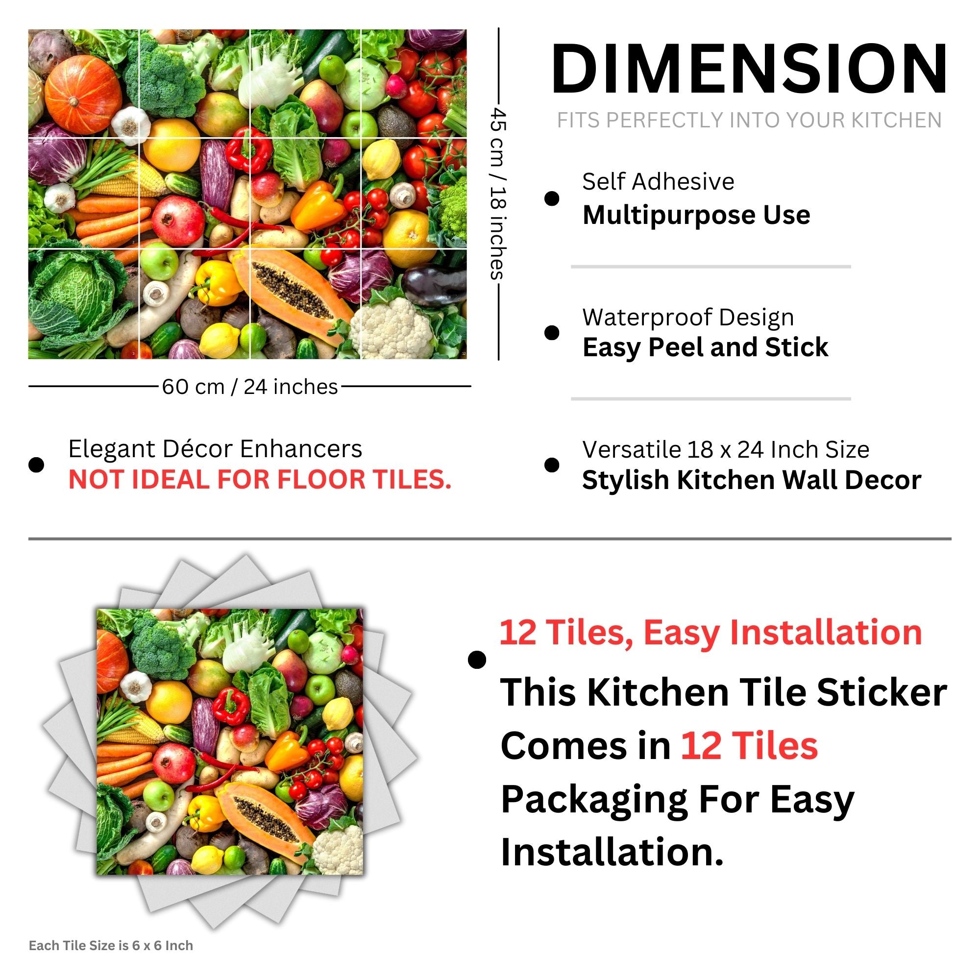 Brandian Wall Stickers for Kitchen - Tiles Stickers for Wall - Kitchen Tiles Stickers Oil Proof - Backsplash Tile Stickers for Kitchen Wallpaper Oil Proof Waterproof - Vegetables Themed
