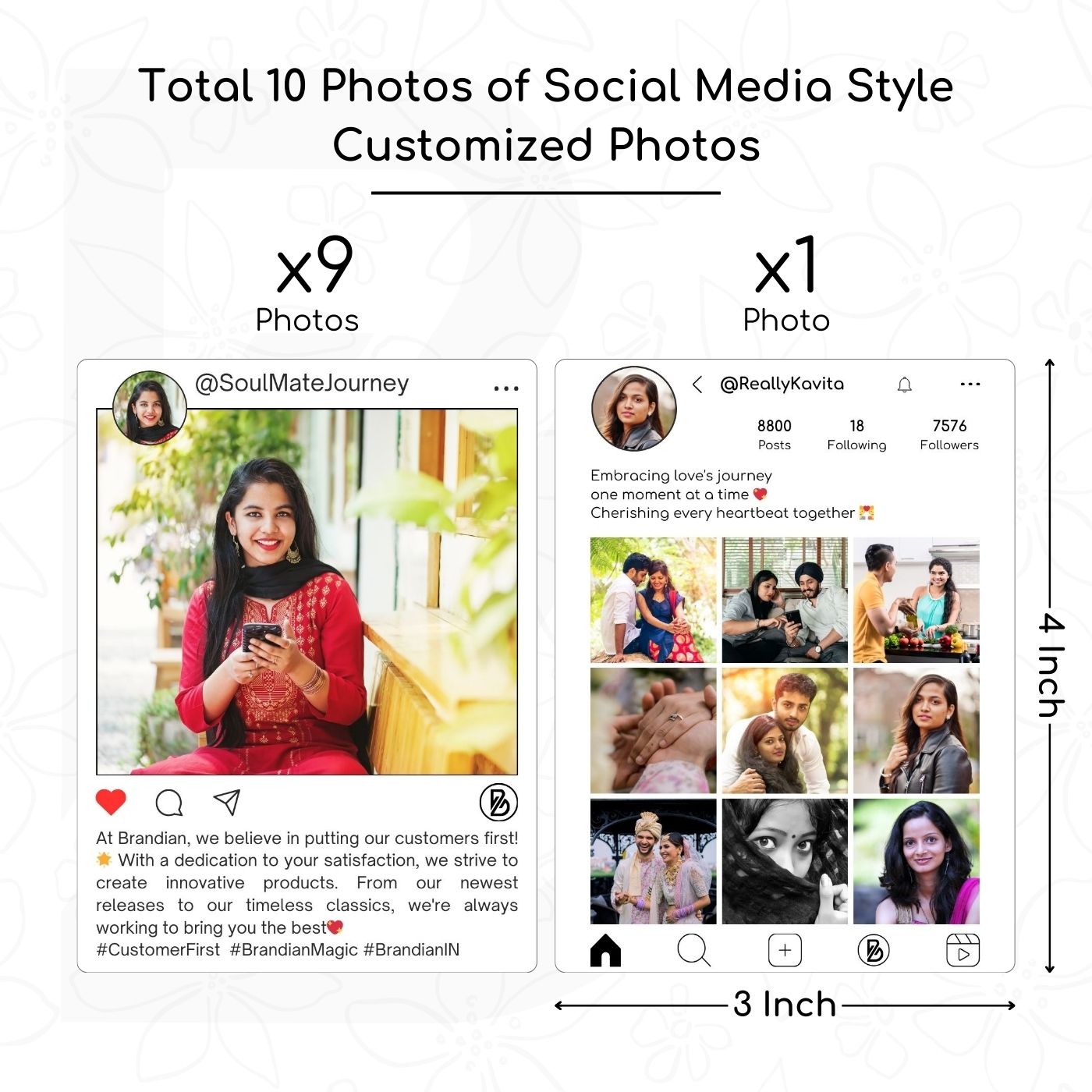 Brandian Customized Social Media Style Mini Photo Prints Customized Social Memory Collage Size 4 X 3 Inches, White