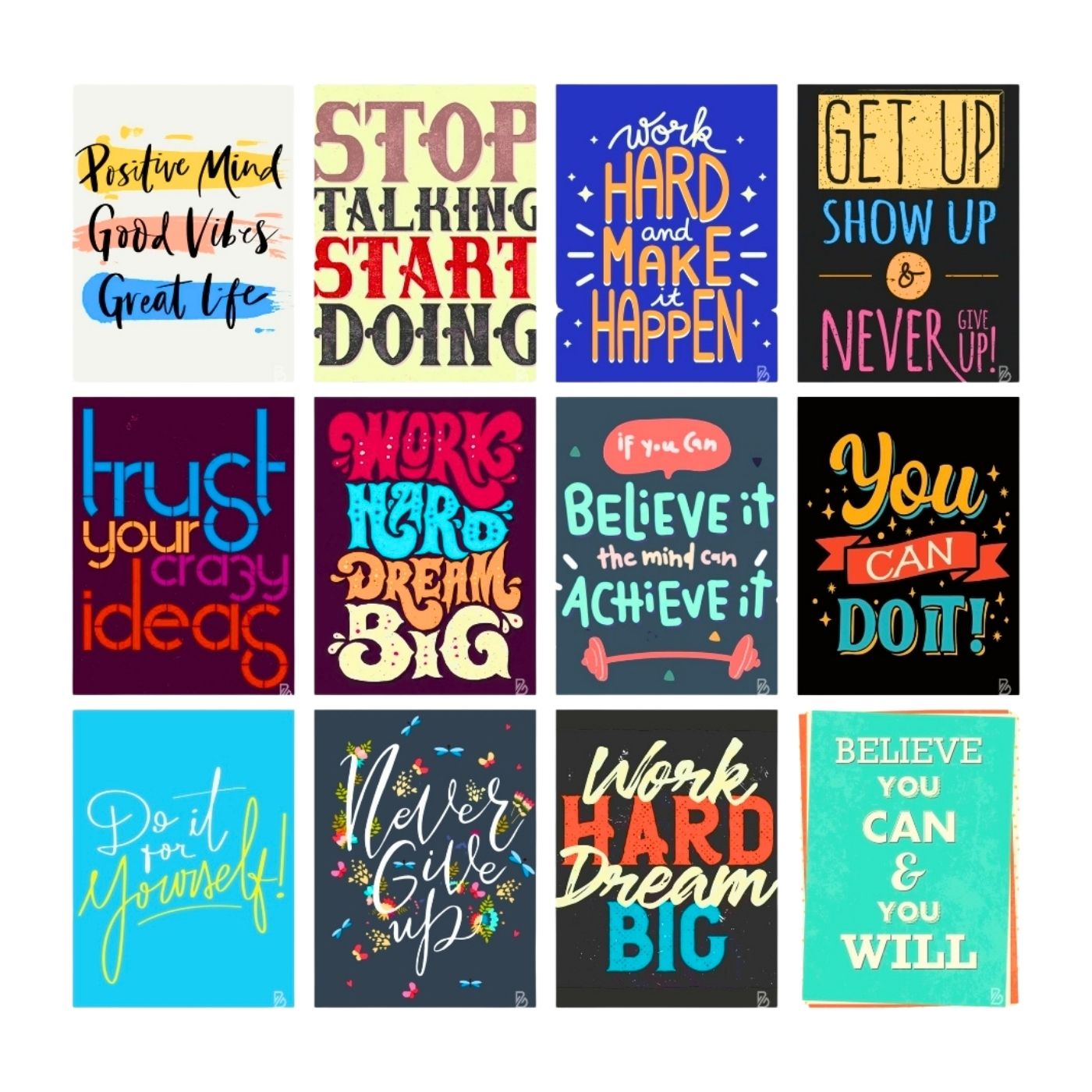 Brandian 12 Pcs Inspirational Motivational Wall Posters - Motivational Quotes - Unframed Multicolour - Motivational Poster - A4 Size Posters (29 cms x 21 cms)