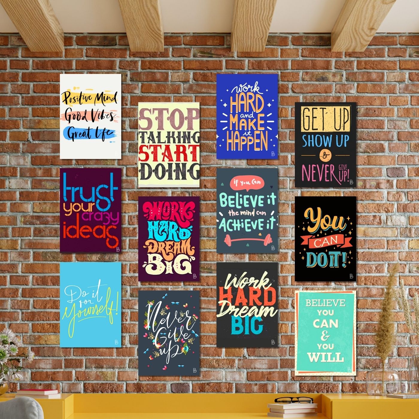 Brandian 12 Pcs Inspirational Motivational Wall Posters - Motivational Quotes - Unframed Multicolour - Motivational Poster - A4 Size Posters (29 cms x 21 cms)