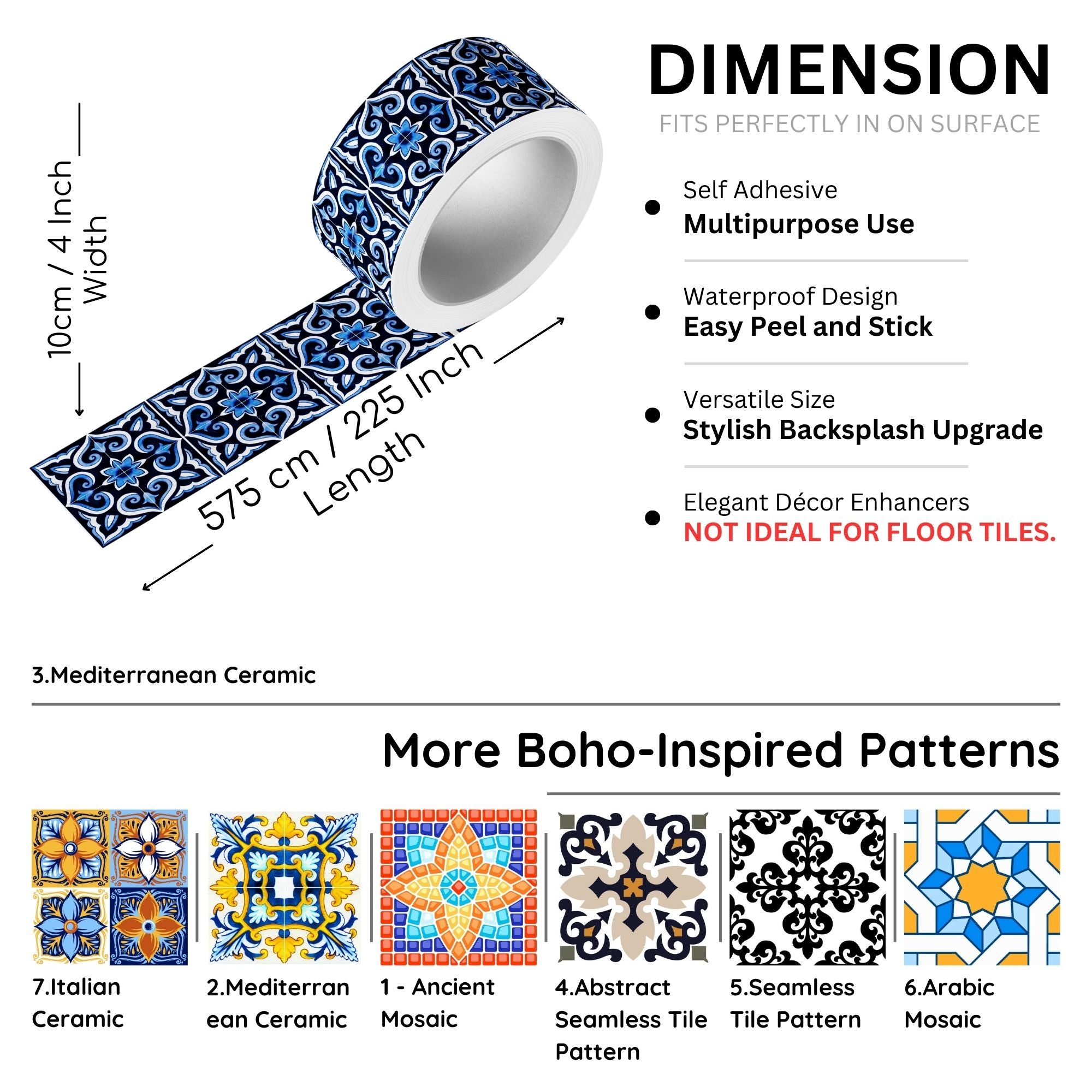 Brandian Wall Tiles Stickers Roll Waterproof Self Adhesive Border Wall Stickers for Living Room, Kitchen Backsplash Tiles Sticker, Peel N Stick Mosaic Tiles for Wall,  Mediterranean