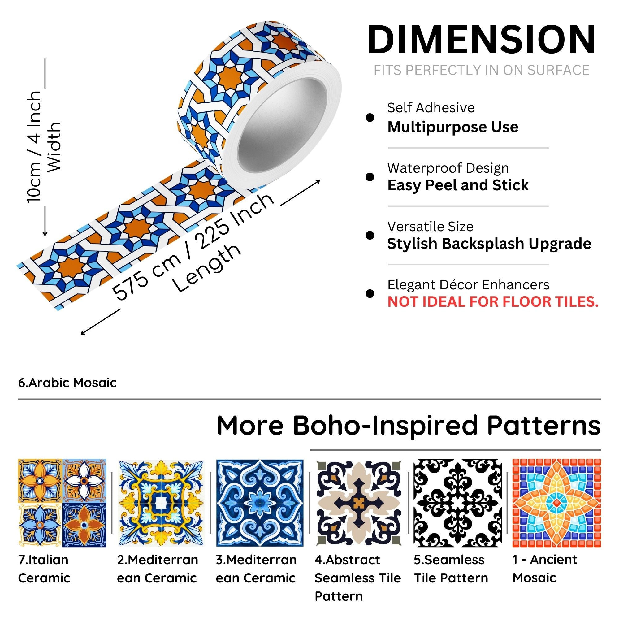 Brandian Wall Tiles Stickers Roll Waterproof Self Adhesive Border Wall Stickers for Living Room, Kitchen Backsplash Tiles Sticker, Peel N Stick Mosaic Tiles for Wall,  Arabic Mosaic