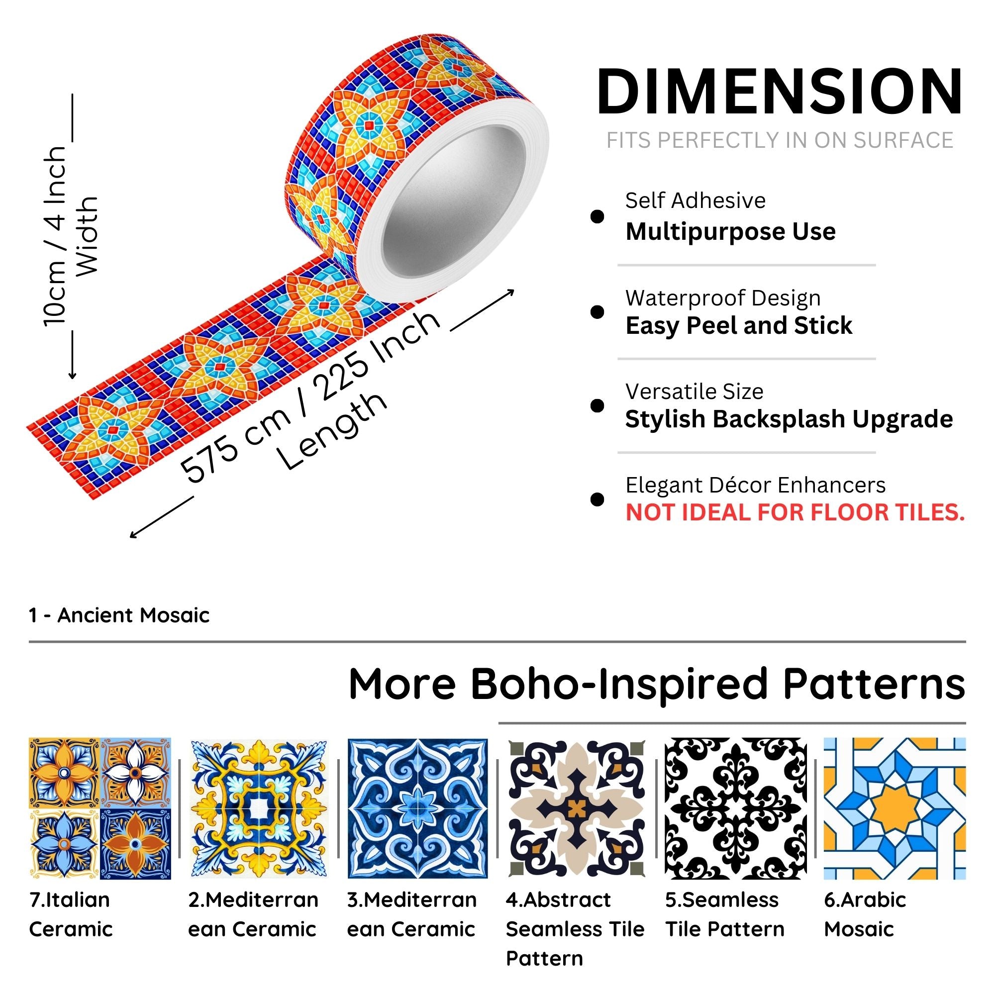 Brandian Wall Tiles Stickers Roll Waterproof Self Adhesive Border Wall Stickers for Living Room, Kitchen Backsplash Tiles Sticker, Peel N Stick Mosaic Tiles for Wall,  Ancient Mosaic