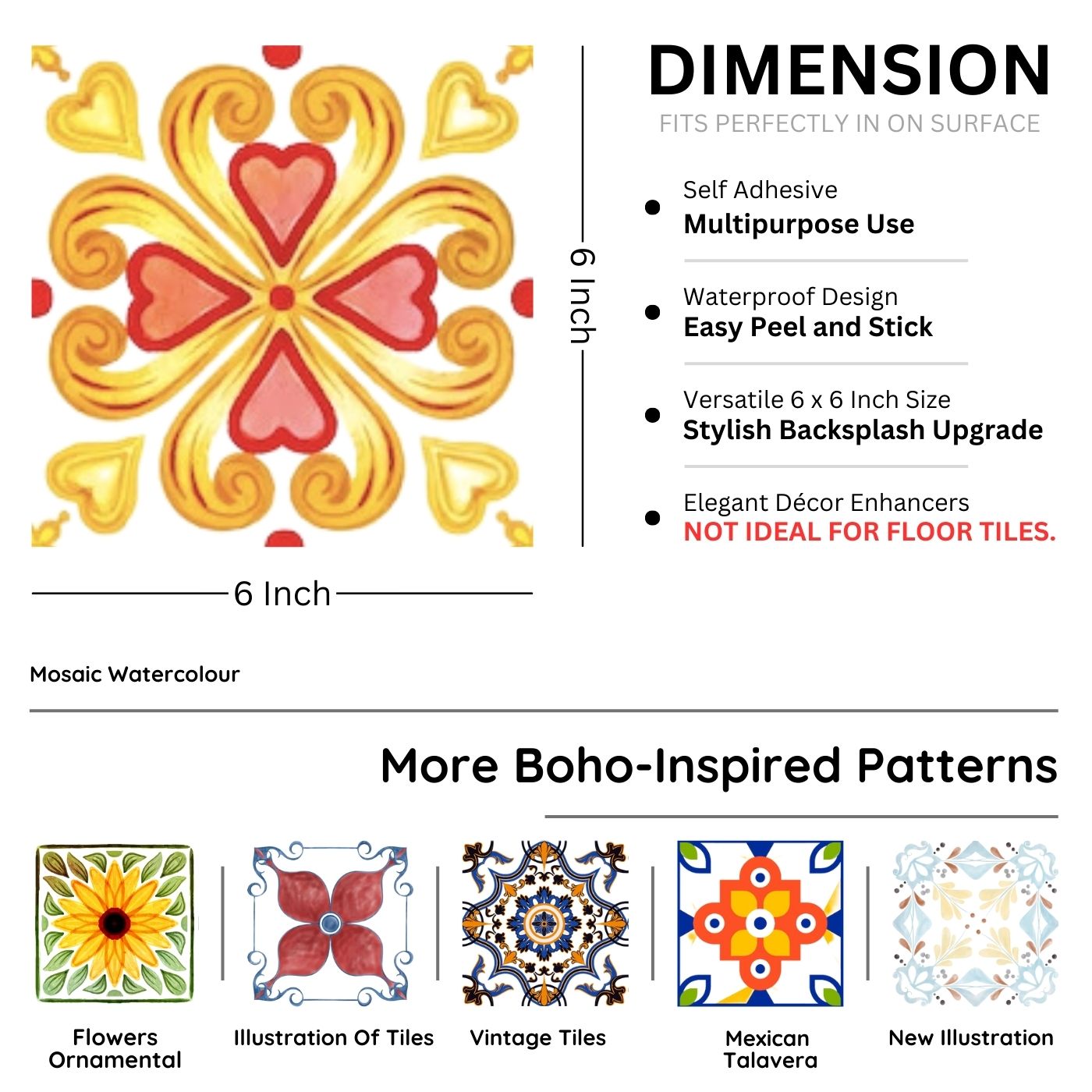 Brandian Sticker Tiles for Wall Stylish Protection Kitchen Floor Stickers Waterproof Keep Your Floors Chic and Spotless PVC Waterproof Adhesive Tiles in Multicolor Size 6 x 6 Inch