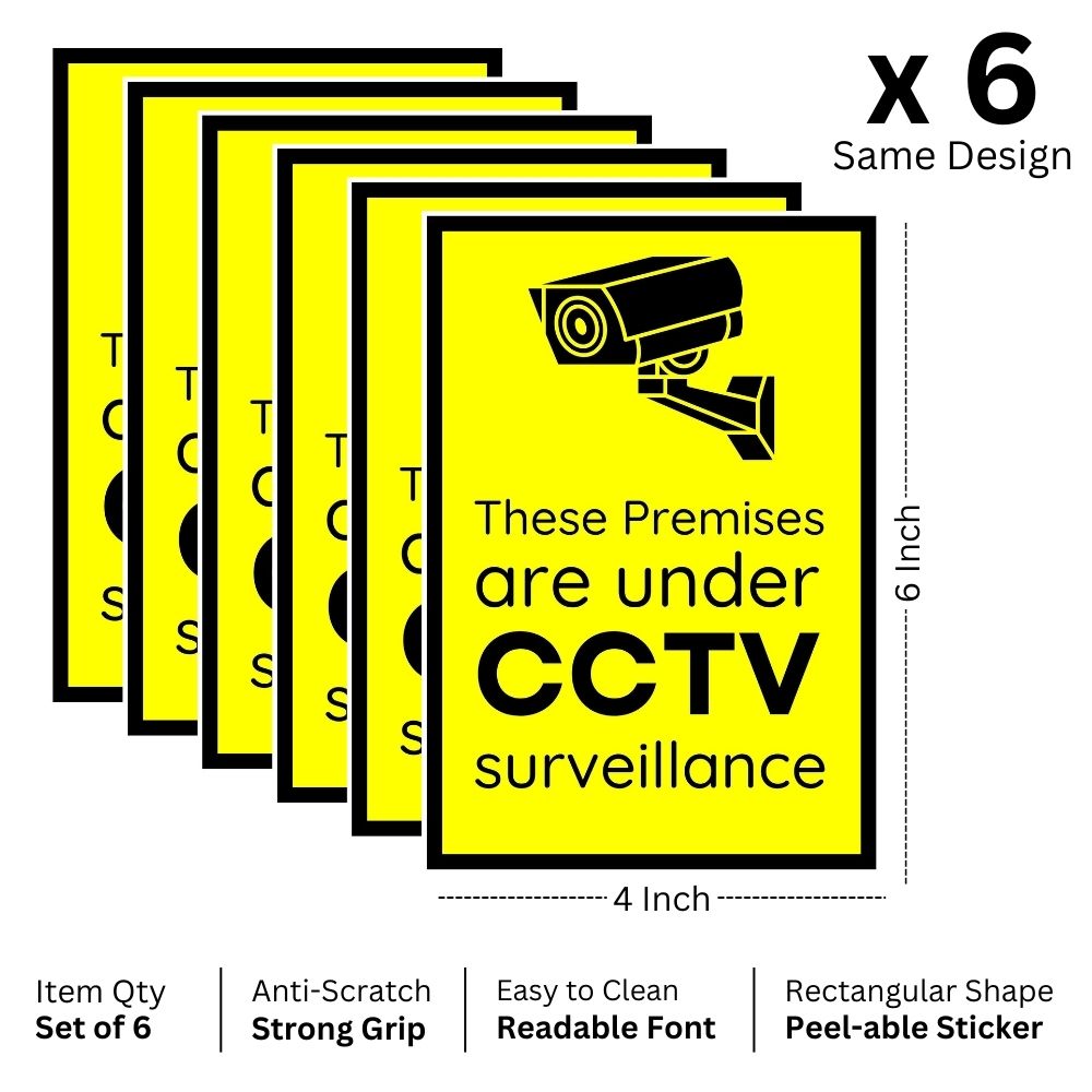 Brandian 6pcs Sign Sticker Signage Set, You Are Under CCTV Surveillance Sticker, Pvc Self-adhesive, Waterproof Vinyl Sign Board In English Yellow