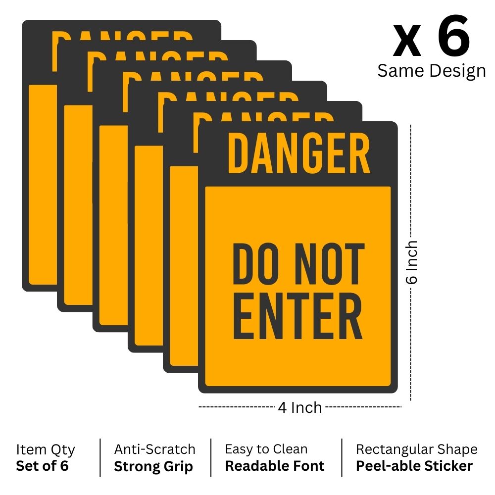 Brandian 6pcs Sign Sticker Signage Set, Danger Do Not Enter In Orange Warning, Safety, Security, PVC Self-Adhesive, Waterproof Vinyl, Sign Board