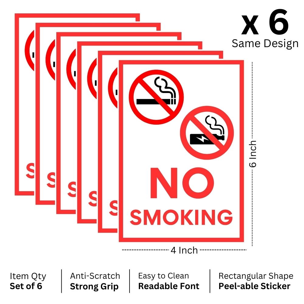 Brandian 6pcs Sign Sticker Signage Set, No Smoking Warning, Safety, Security, PVC Self-Adhesive, Waterproof Vinyl, RED Sign Board