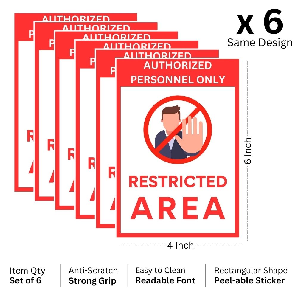 Brandian 6pcs Sign Sticker Signage Set, Authorized Personnel Only Restricted Area Sign Board Sign Sticker Restricted Entry Sticker Restricted Access Sticker PVC Self-adhesive, Waterproof Vinyl,