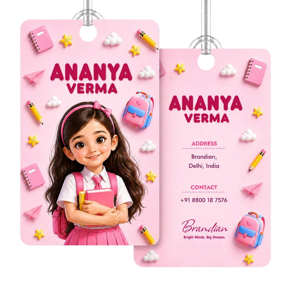 Brandian (Pack of 2) Personalized Bag Tags for Kids – Pink Theme | Custom Name, Photo & Contact Info | School Bag, Travel, Luggage, Backpack ID Labels | Durable with Silicone Loop