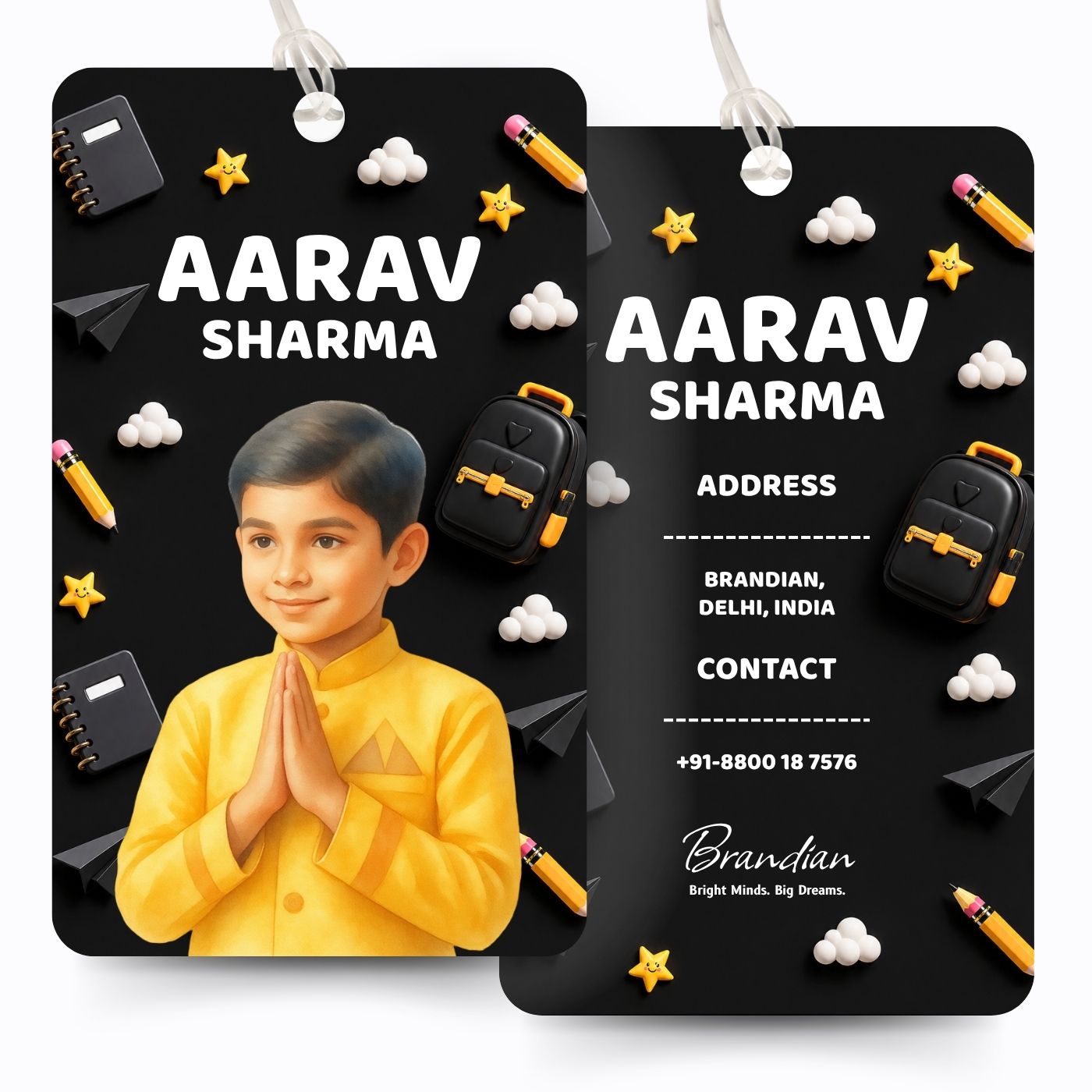 Brandian (Pack of 2) Personalized Bag Tags for Kids – Black Theme | Custom Name, Photo & Contact Info | School Bag, Travel, Luggage, Backpack ID Labels | Durable with Silicone Loop